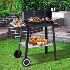 Verrijdbare Barbecue – Houtskool/Briketten - Verstelbare Grillplaat – Houten Tafel – Winscherm – Gewicht 5.9kg -Optimaal Barbecue Winkel 1200x1200