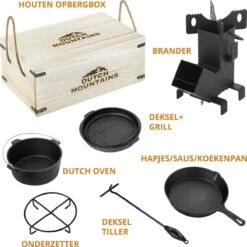 Dutch Mountains Gietijzeren Pannenset 7-delig - Dutch Oven – Braadpan - Grillpan - Hapjespan - Kookset In Houten Transportkist - Deksellifter - Brander -Optimaal Barbecue Winkel 1200x1200 544