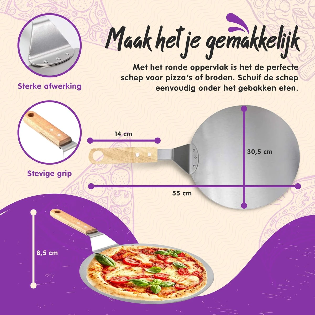 Nowad Pizzaschep RVS Rond Voor BBQ En Oven - 30,5 Cm - Pizzaspatel - Taartschep - Houten Handvat - Ophangbaar - Rond - Vaatwasbestendig - Keukenaccessoires 9 Nowad Pizzaschep RVS Rond Voor BBQ En Oven - 30,5 Cm - Pizzaspatel - Taartschep - Houten Handvat - Ophangbaar - Rond - Vaatwasbestendig - Keukenaccessoires - Afbeelding 9