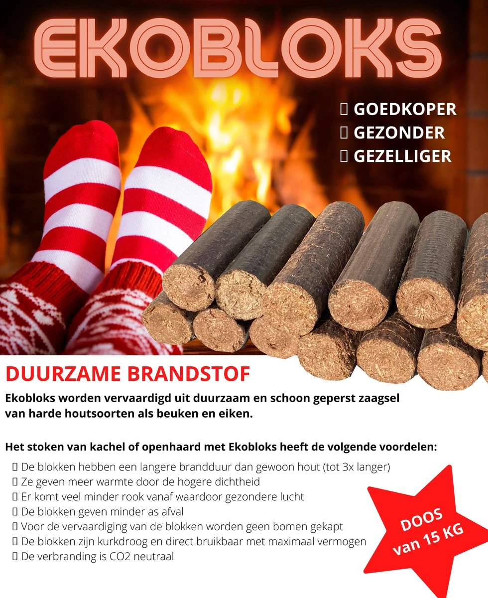 Ekobloks Hardhout Briketten 10 KG - Openhaard- Allesbrander- Kachel- Haardblokken - Hoog Rendement - Extra Lange Brandduur - Duurzaam - CO2 Neutraal - Meer Warmte - Gezondere Lucht - Minder Afval - Goedkope Brandstof - Mooie Vlammen - Puur Natuur 2 Ekobloks Hardhout Briketten 10 KG - Openhaard- Allesbrander- Kachel- Haardblokken - Hoog Rendement - Extra Lange Brandduur - Duurzaam - CO2 Neutraal - Meer Warmte - Gezondere Lucht - Minder Afval - Goedkope Brandstof - Mooie Vlammen - Puur Natuur - Afbeelding 2